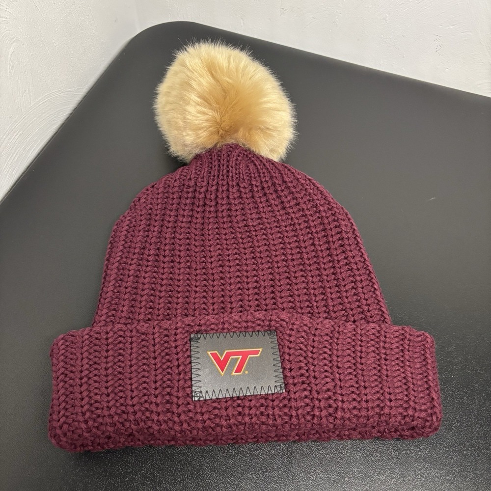 Love Your Melon Virginia Tech Beanie Hat Maroon Cotton Knit OSFM VT Pom Pom Cap